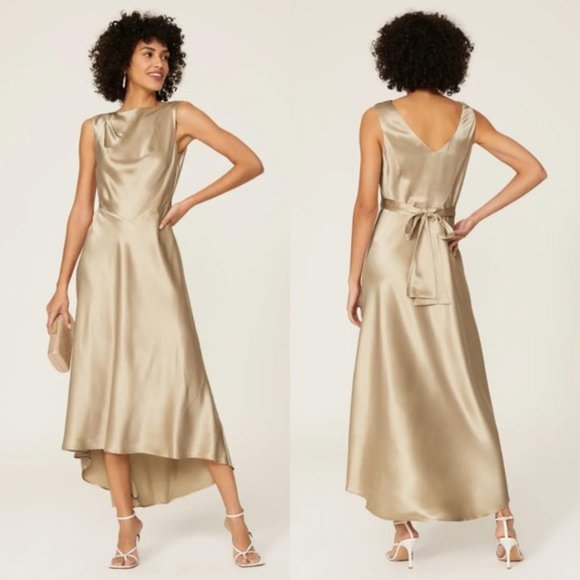 SALONI Silk Jen Dress Sleeveless Midi Length in Gold Crepe Size 4 - Picture 4 of 10